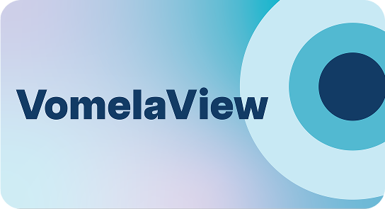 VomelaView logo with a blue and purple gradient background and a concentric circle design.